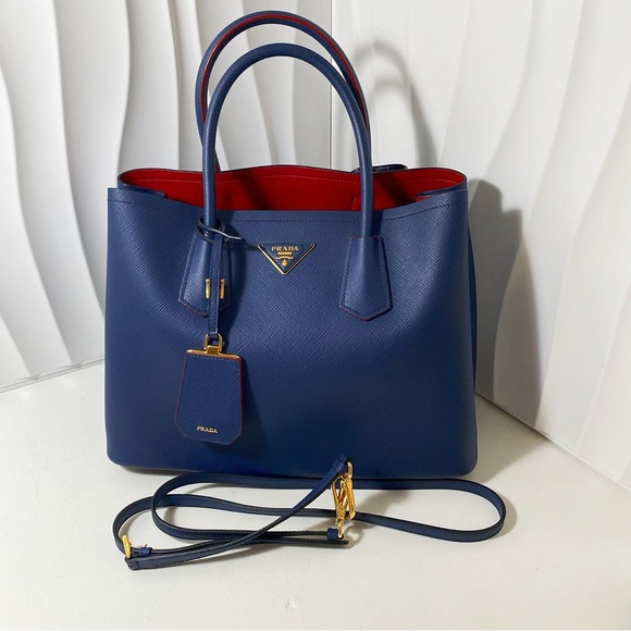 Prada Handbags - PRADA Double Medium Tote Bag Blue Saffiano Leather